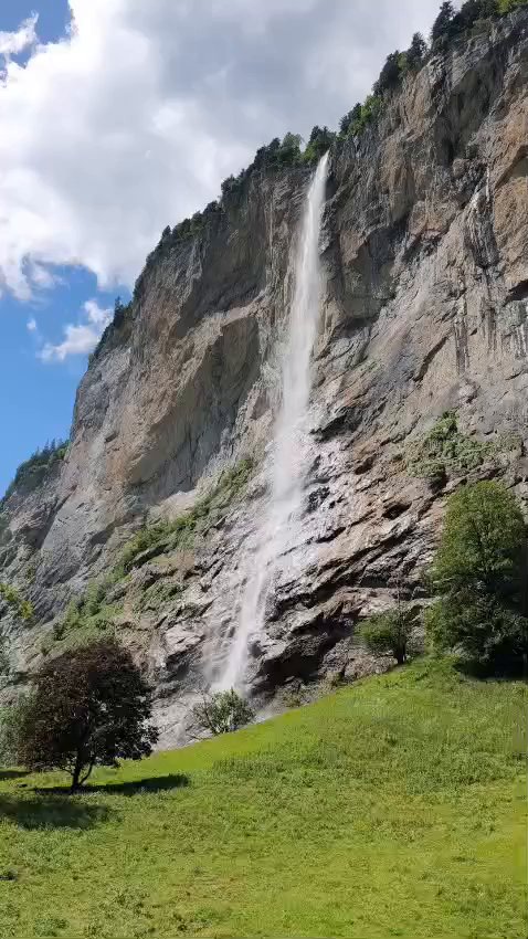 Staubbach Falls waterfall in Lauterbrunnen valley near Interlaken on a Jungfrau region day trip