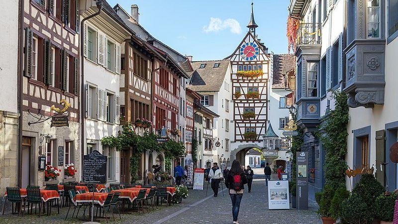 Colourful fresco-painted historic houses in Stein am Rhein near the Rhine River