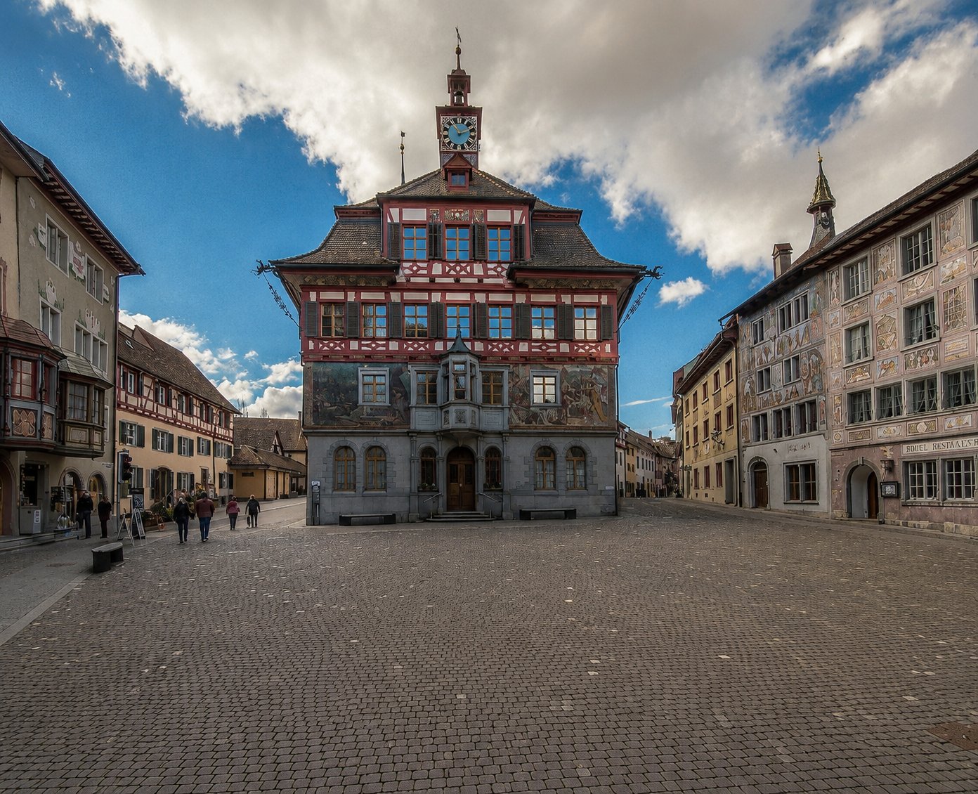 Stein am Rhein Rathaus square with medieval painted facades and cobblestone plaza